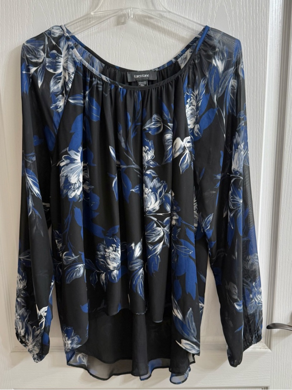 Karen Kane Black Floral Long-Sleeve Top with Blue and White Blooms